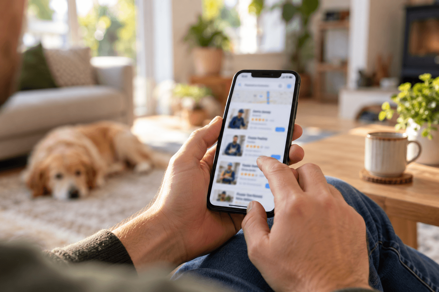 Huiseigenaar zoekt een vakman op zijn telefoon